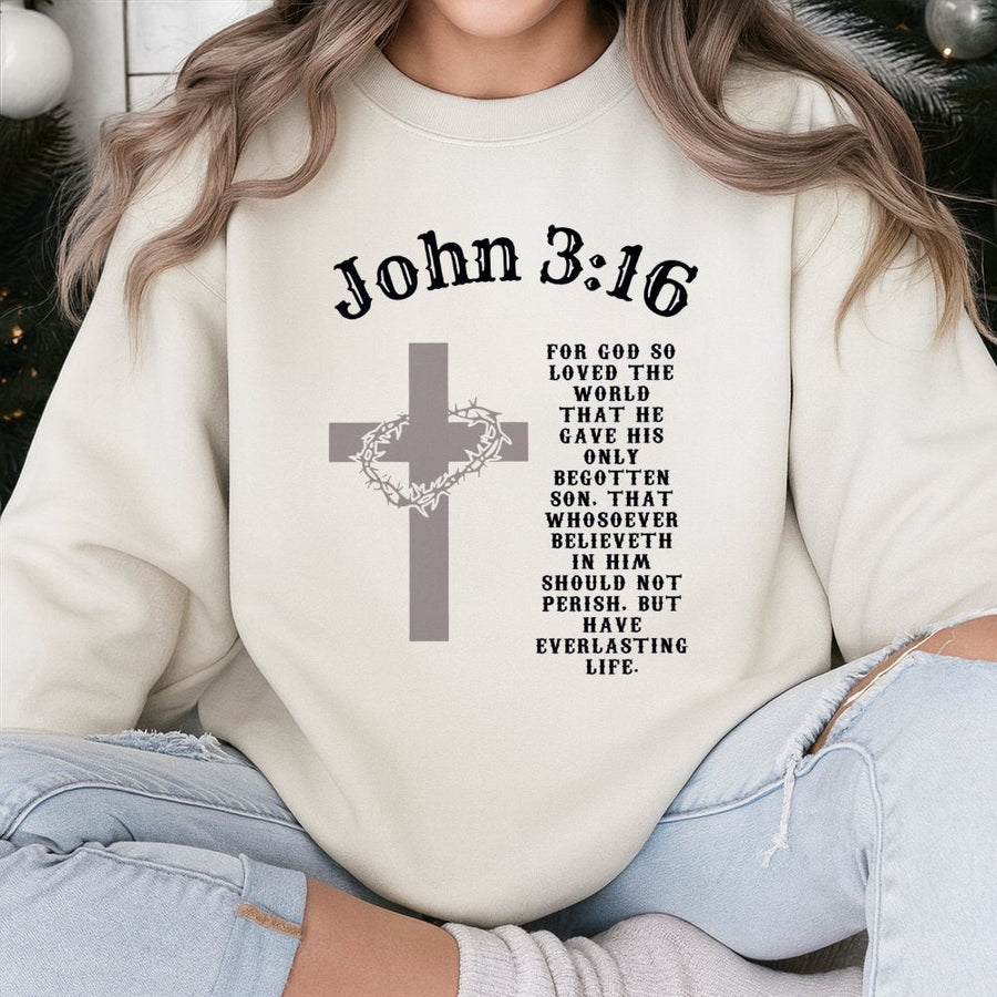 John 3:16 Sweatshirt | Scripture Cross & Crown of Thorns Design | Premium Cotton-Blend | Religious Gift for Men and Women