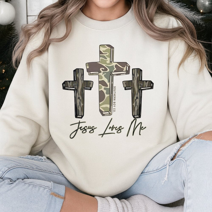 Jesus Loves Me Camo Cross Sweatshirt | Triple Cross Christian Faith Design | Cotton-Poly Blend Premium Quality | Religious Gift for Men and Women
