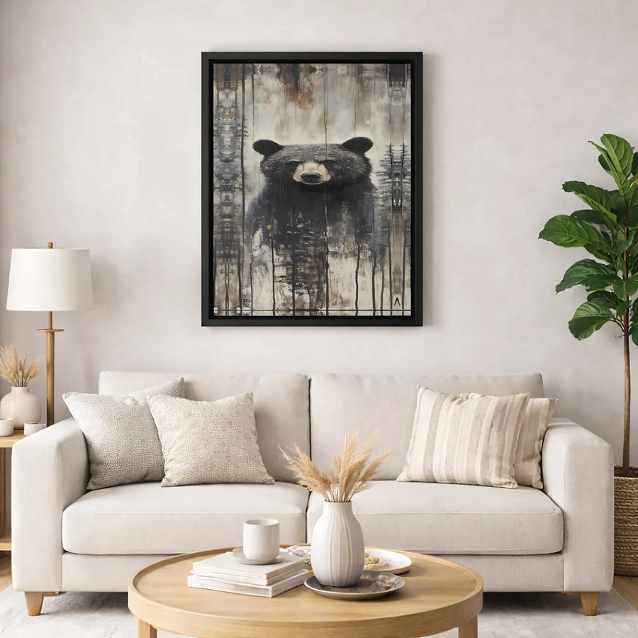 Rustic Black Bear Canvas Wall Art | Abstract Forest Portrait | Gallery Wrap 1.25" Profile | Wildlife Lodge Decor & Nature Lover Gift