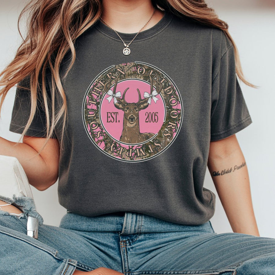 Deer Graphic T-Shirt | Southern Outdoors Pink Camo Deer Head Design | 100% Cotton Premium Tee | Country Style Gift for Women and Men