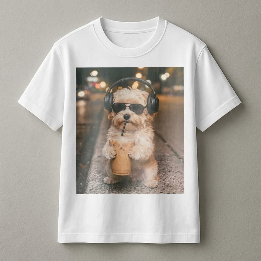 Funny Havanese T-Shirt | Dog with Headphones Drinking Coffee Meme | Soft Cotton Graphic Tee | Gift for Dog Mom Lover