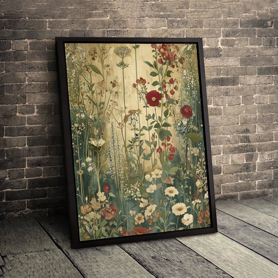 Vintage Botanical Wildflower Canvas Print | Gold Meadow Floral Wall Art | Premium Gallery Wrapped Decor | Nature-Inspired Home Office Gift