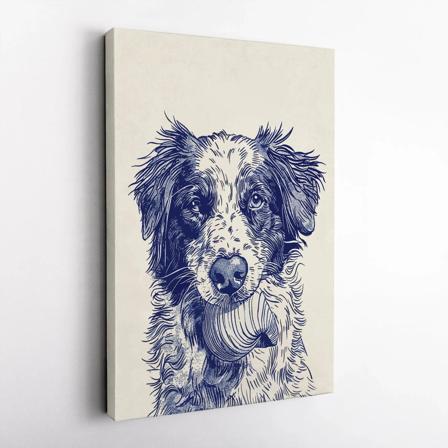 Border Collie Canvas Wall Art | Blue Ink Sketch Portrait with Tennis Ball | Premium Gallery Wrap Decor | Dog Lover Home Decor Gift