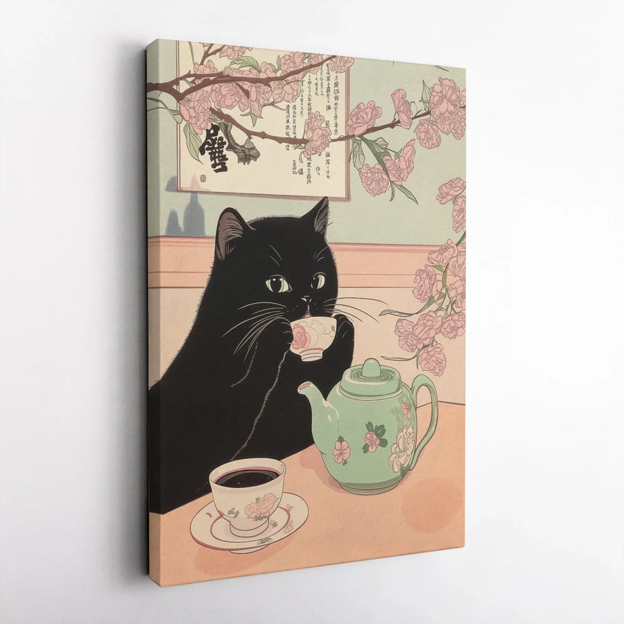 Japanese Ukiyo-e Cat Canvas Wall Art | Black Cat Drinking Tea Design | Premium Gallery-Wrapped Print | Whimsical Home Decor Gift
