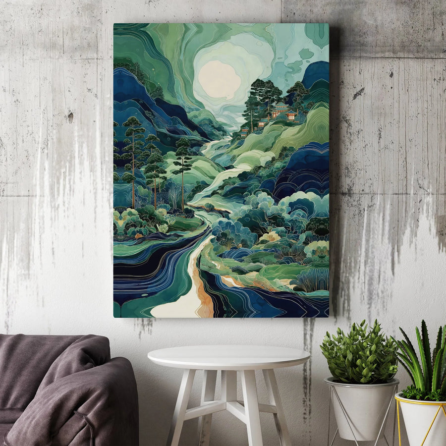 Japanese Mountain Landscape Canvas Wall Art | Stylized River and Moon Forest Print | Premium 1.25 Inch Gallery Wrap | Modern Nature Home Decor Gift