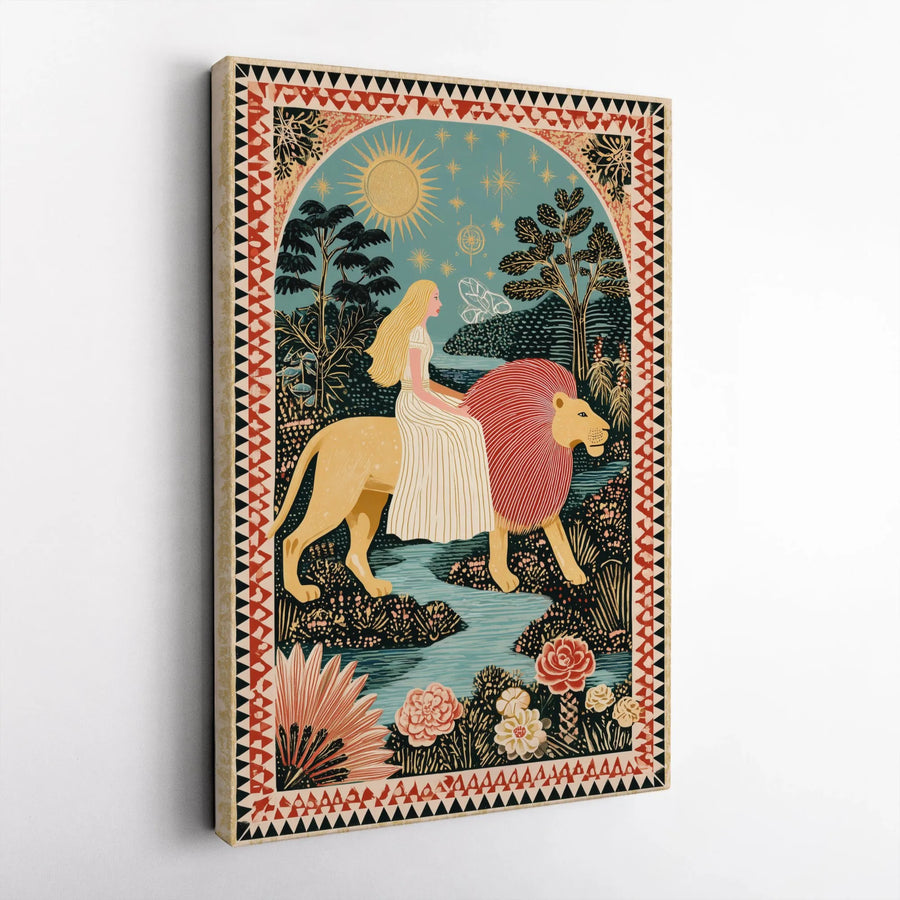 Woman Riding Lion Wall Art | Mystical Folk Art Canvas Print | Gallery-Quality Fade-Resistant | Spiritual Home Decor Gift