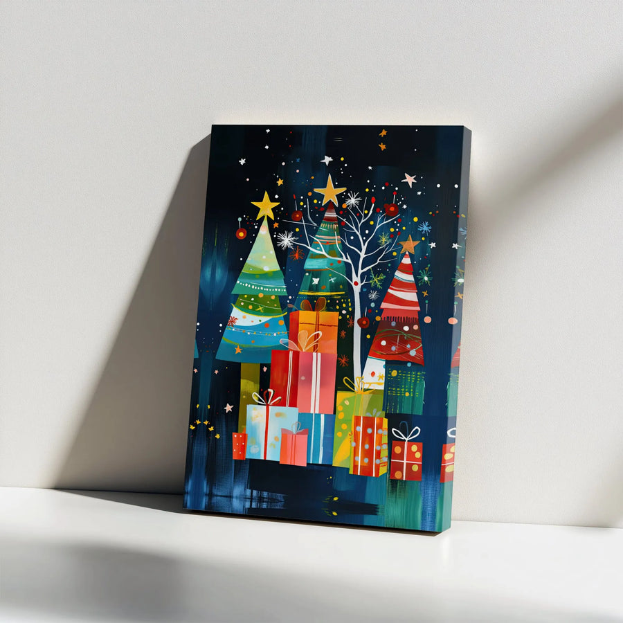 Abstract Christmas Tree Canvas Art | Colorful Holiday Gifts Wall Decor | Premium 1.25-Inch Gallery Wrap | Festive Winter Home Office Wall Hanging