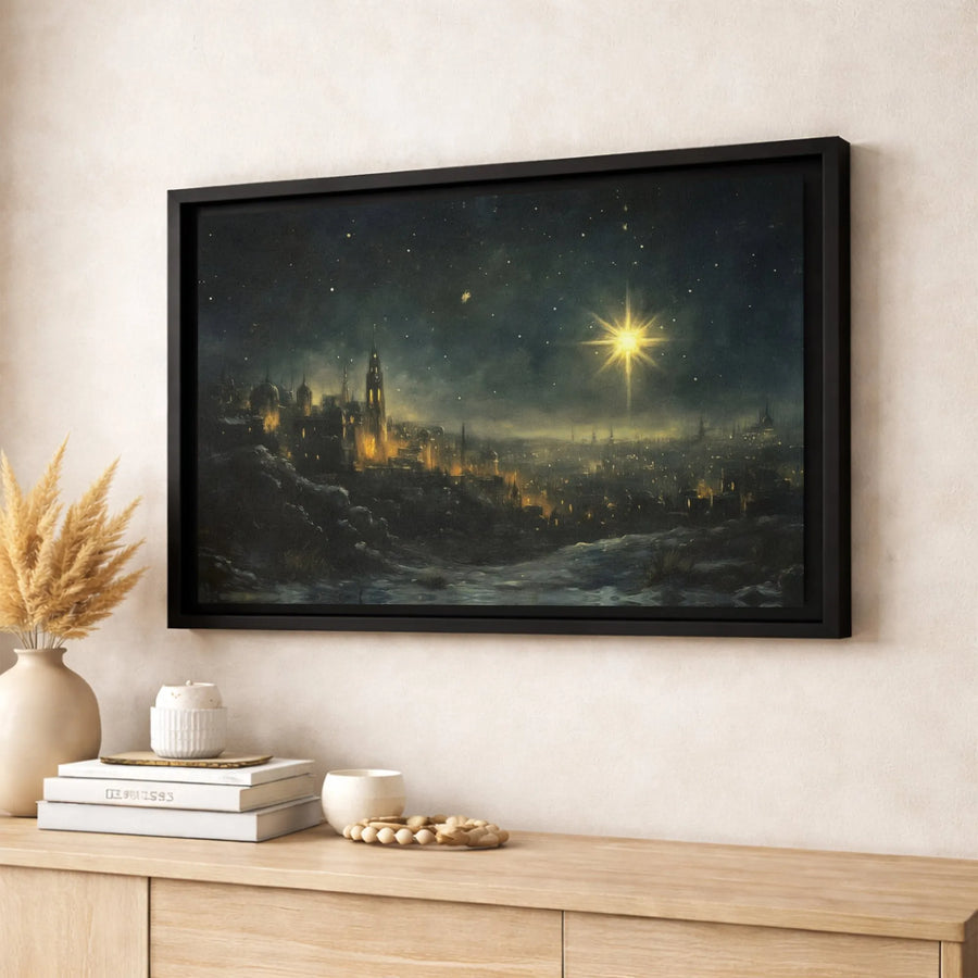 Star of Bethlehem Wall Art | Winter Cityscape Night Sky | Premium Gallery Wrapped Canvas | Religious Christmas Decor for Home & Living Room