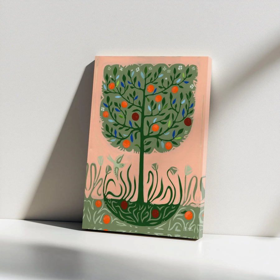 Folk Art Tree Canvas Print | Vintage Orange Tree & Bird Illustration | Premium Thick Gallery Wrap Canvas | Boho Kitchen & Living Room Decor Gift