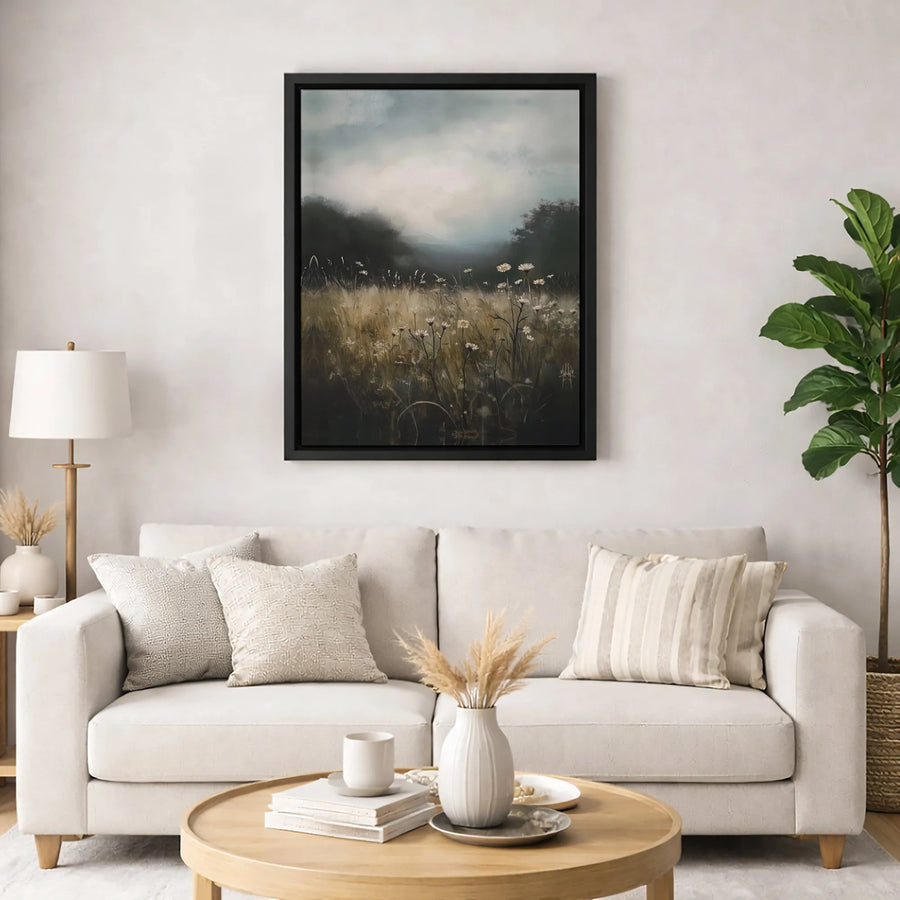 Misty Wildflower Field Canvas Art | Moody Landscape Nature Print | Premium Fade-Resistant Gallery Wrap | Modern Farmhouse Home Decor