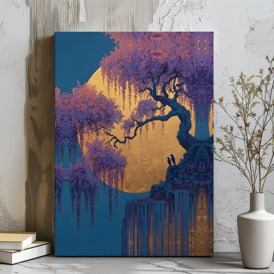 Purple Wisteria Canvas Wall Art | Golden Moon Landscape Print | Gallery Wrapped Premium Canvas | Serene Nature Home Decor Gift