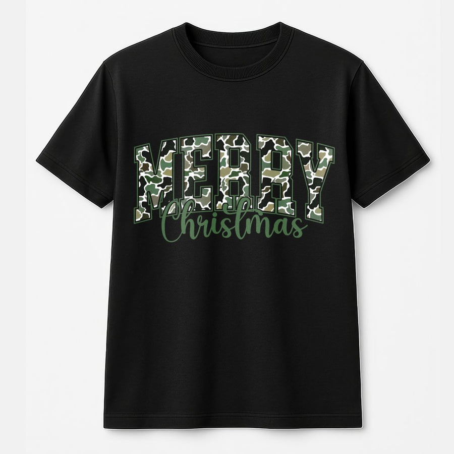 Merry Christmas Camo T-Shirt | Woodland Military Pattern Lettering | Soft 100% Cotton Premium Tee | Unique Holiday Gift for Hunting Mom or Wife