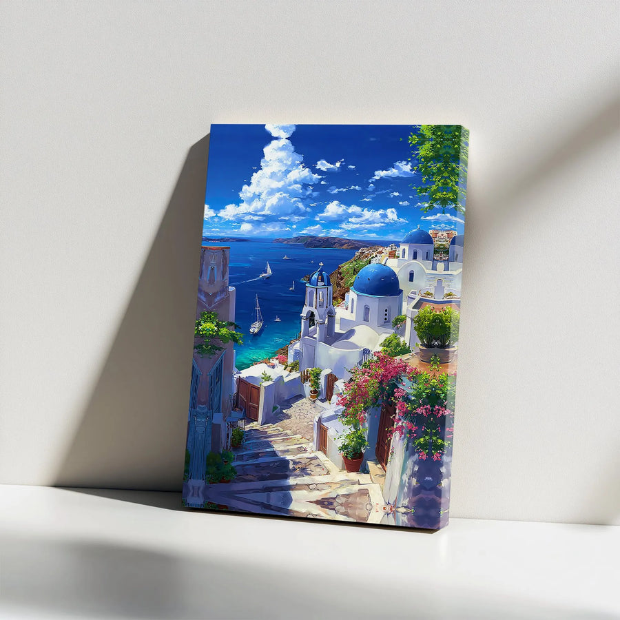 Santorini Greece Canvas Wall Art | Vibrant Anime Style Seascape Print | Premium Frameless Canvas | Mediterranean Travel Lover Gift for Living Room Decor
