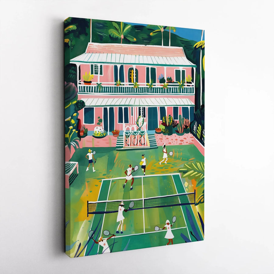 Vintage Tennis Match Canvas Print | Tropical Country Club Scene | Premium Fade-Resistant Wall Art | Unique Gift for Tennis Lovers