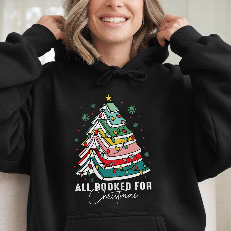 All Booked For Christmas Hoodie | Book Lover Tree Graphic Sweatshirt | Soft Cotton-Polyester Blend | Festive Reading Gift For Bookworms