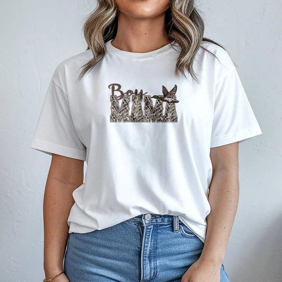 Boy Mama T-Shirt | Duck Hunting Camo Print Graphic | Premium Soft Cotton Tee | Cute Gift for Outdoorsy Moms and Hunter Wives