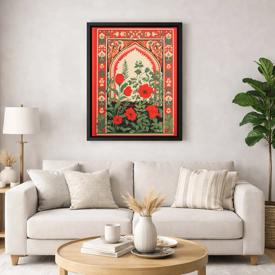 Mughal Floral Canvas Wall Art | Persian Poppy Archway Print | Premium Fade-Resistant Gallery Wrap | Decorative Home Decor Gift