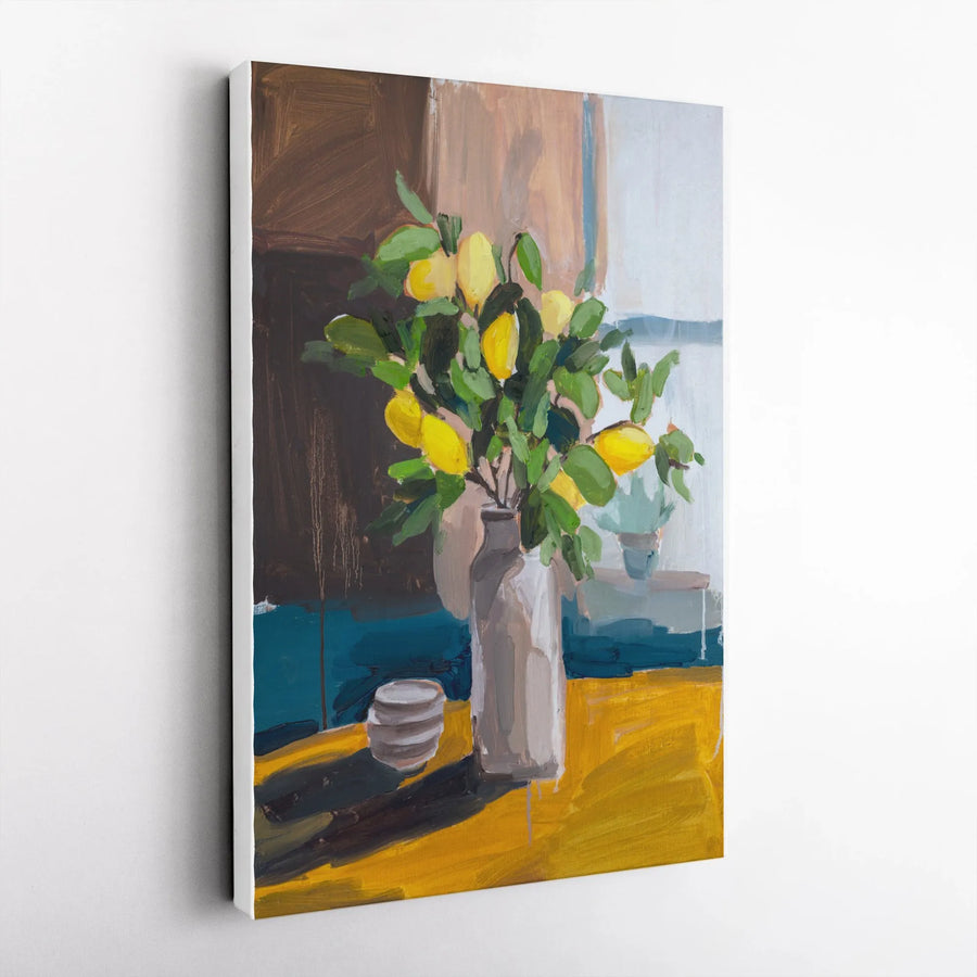 Lemon Still Life Vertical Canvas | Vibrant Citrus Painting Print | Premium Thick Gallery Wrap | Modern Kitchen & Dining Room Decor Gift