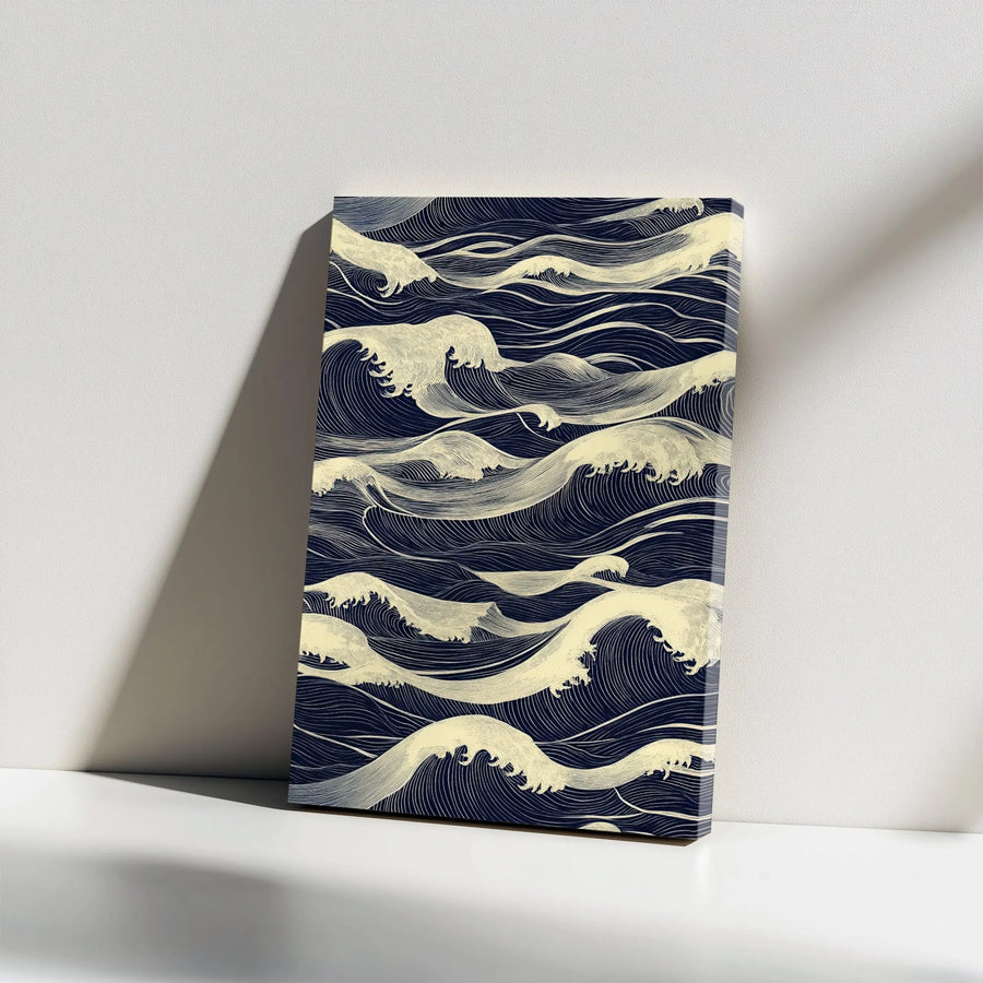Japanese Ocean Waves Canvas Wall Art | Minimalist Navy Blue and Cream Line Work | Premium Gallery Wrapped Decor | Serene Home Office Gift