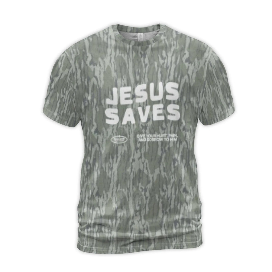 Jesus Saves Graphic T-Shirt | Camo Print 3D Design | Premium Polyester Blend | Christian Apparel Gift for Men and Women