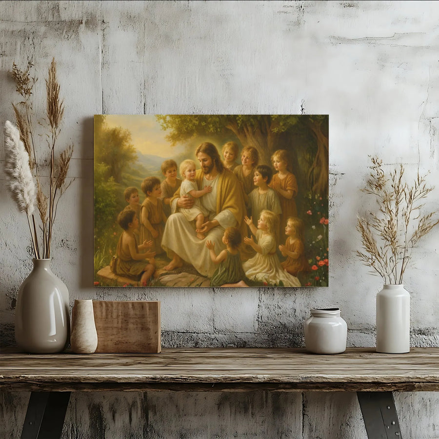 Jesus With Children Canvas Print | Religious Fine Art Wall Decor | Premium Fade-Resistant Gallery Wrap | Christian Home Gift For Living Room
