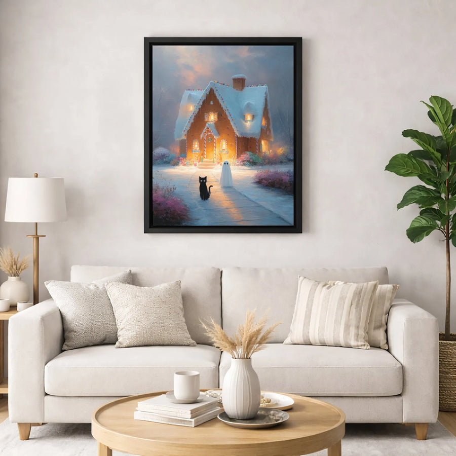 Spooky Gingerbread House Canvas Art | Whimsical Black Cat and Ghost Design | Premium Fade-Resistant Print | Magical Holiday Wall Decor Gift
