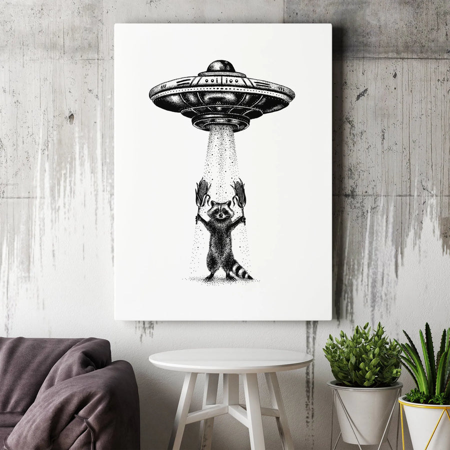 Raccoon UFO Canvas Wall Art | Funny Alien Abduction Corn Print | 1.25-Inch Gallery Wrap Decor | Quirky Gift for Animal and Space Lovers
