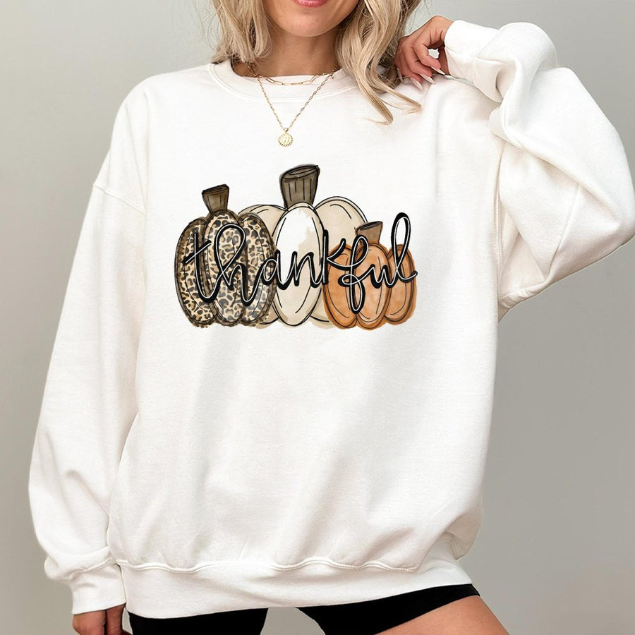 Thankful Pumpkin Sweatshirt | Leopard Print Fall Aesthetic | Cotton Blend Cozy Crewneck | Thanksgiving Outfit Gift for Women