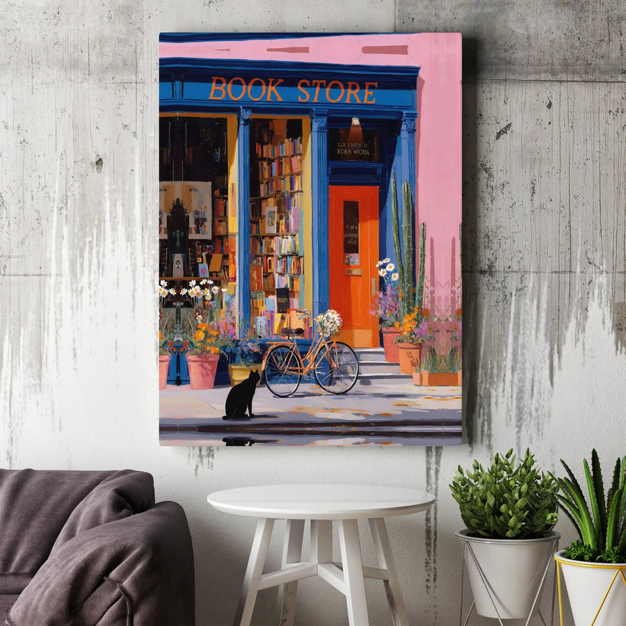Bookstore Canvas Wall Art | Whimsical Paris Street Scene with Black Cat | Premium Gallery Wrap Print | Gift for Book Lovers & Bibliophiles