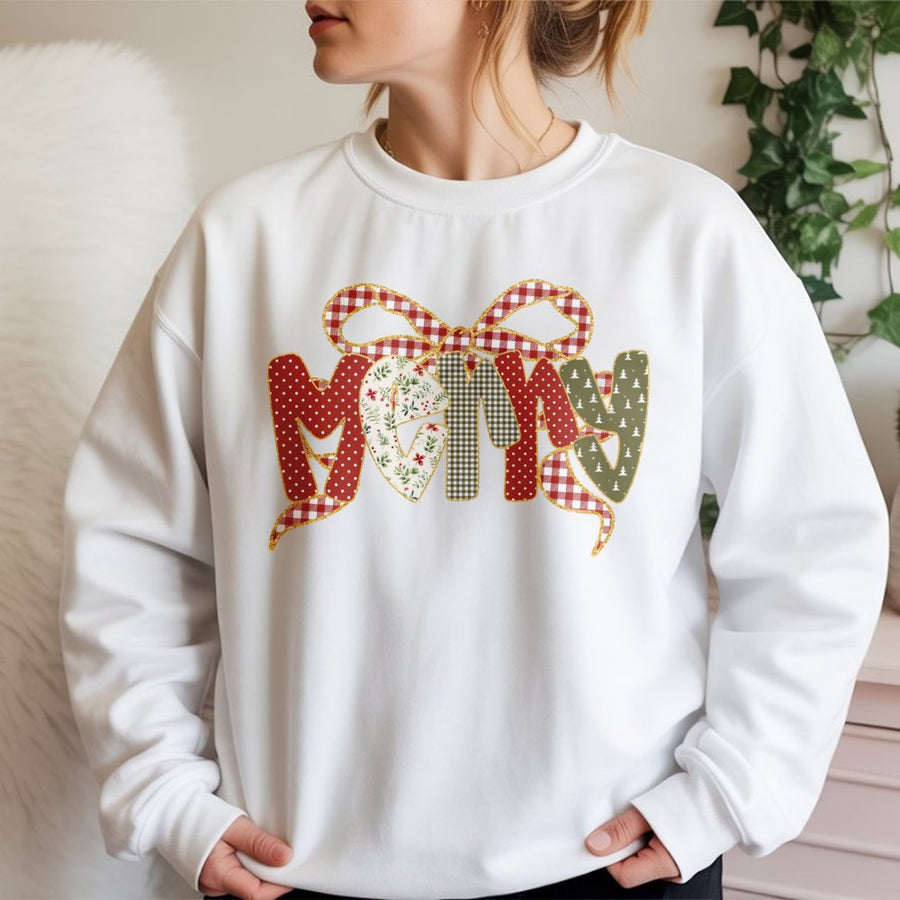 Merry Christmas Sweatshirt | Coquette Bow Holiday Graphic | Premium Cotton Blend Crewneck | Cute Festive Winter Apparel Gift