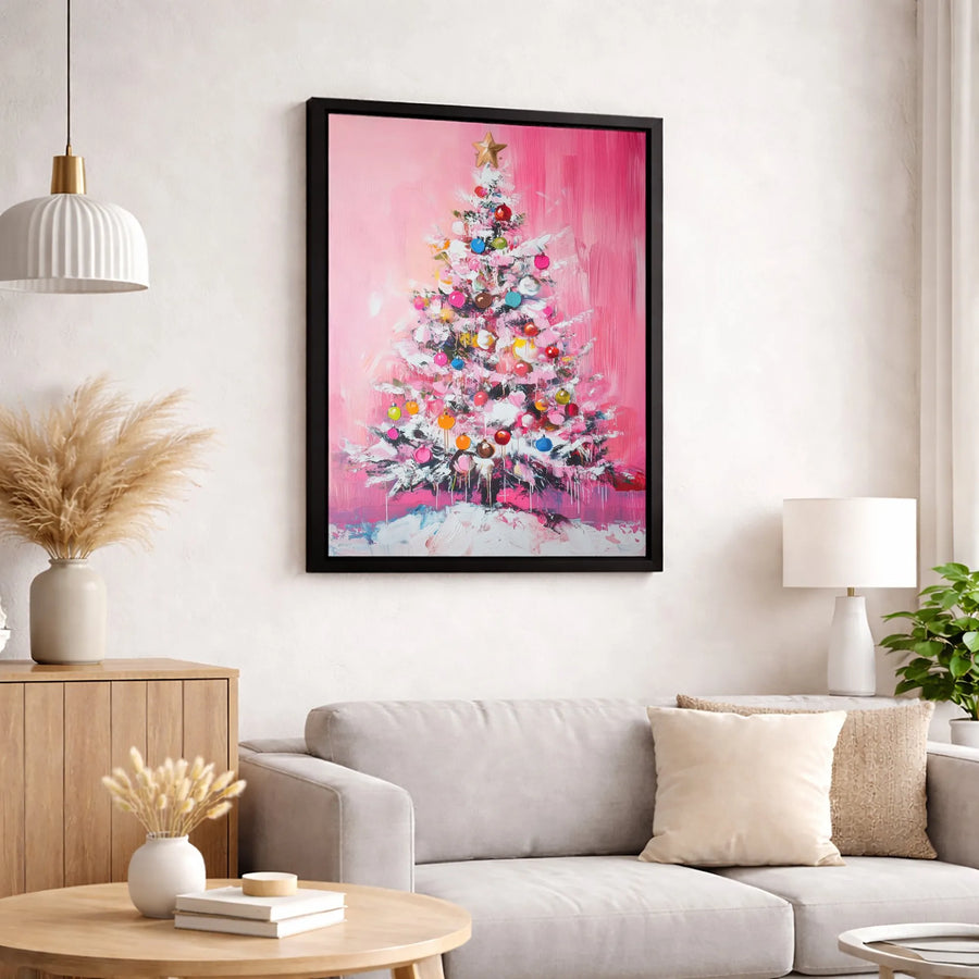 Pink Christmas Tree Wall Art | Abstract Holiday Oil Painting Style | Premium 1.25-Inch Canvas Print | Modern Festive Home Decor Gift