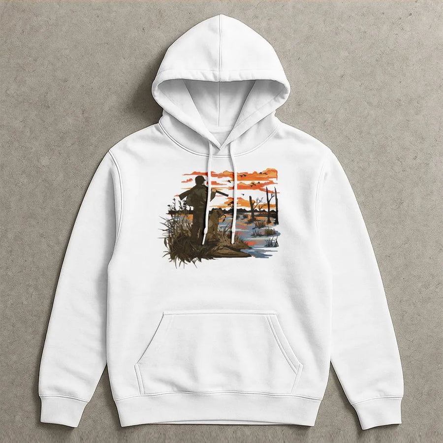 Duck Hunting Hoodie | Vintage Hunter And Dog Landscape Graphic | Premium Cotton Blend Apparel | Outdoor Gift For Waterfowl Hunters