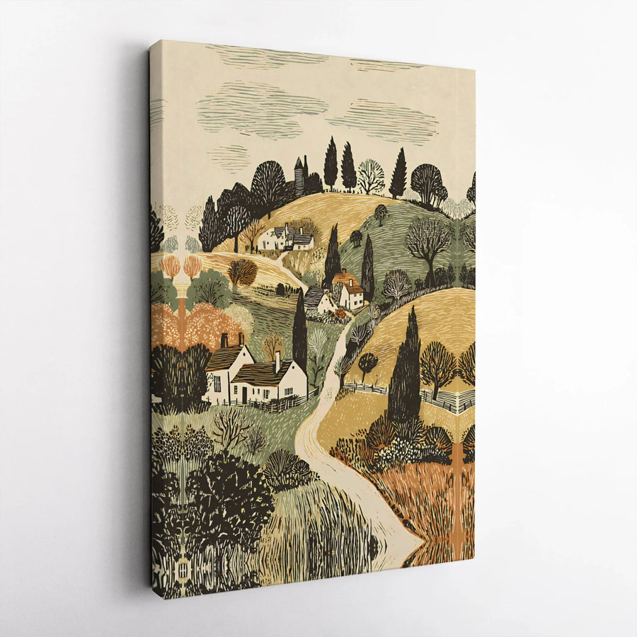 Countryside Landscape Canvas | Vintage Woodcut Style Village Scene | Premium Gallery Canvas | Farmhouse Home Decor Gift