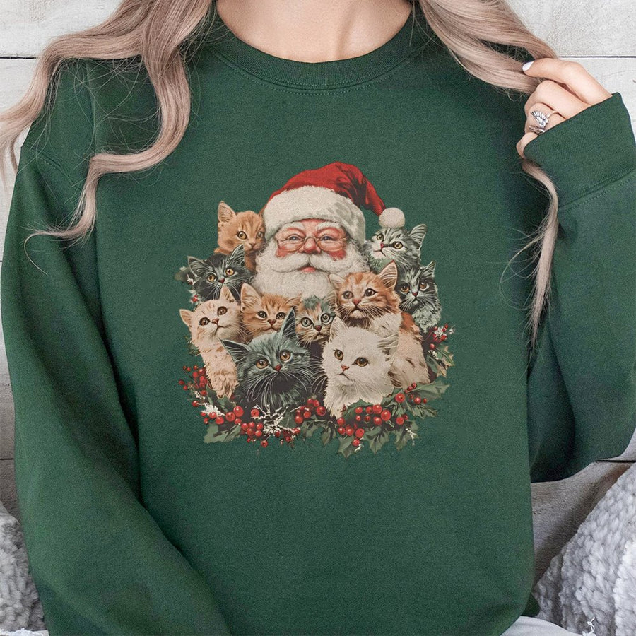 Retro Santa Claus And Kittens Sweatshirt | Cute Christmas Cat Graphic Design | Premium Cotton Blend | Holiday Gift For Cat Lovers