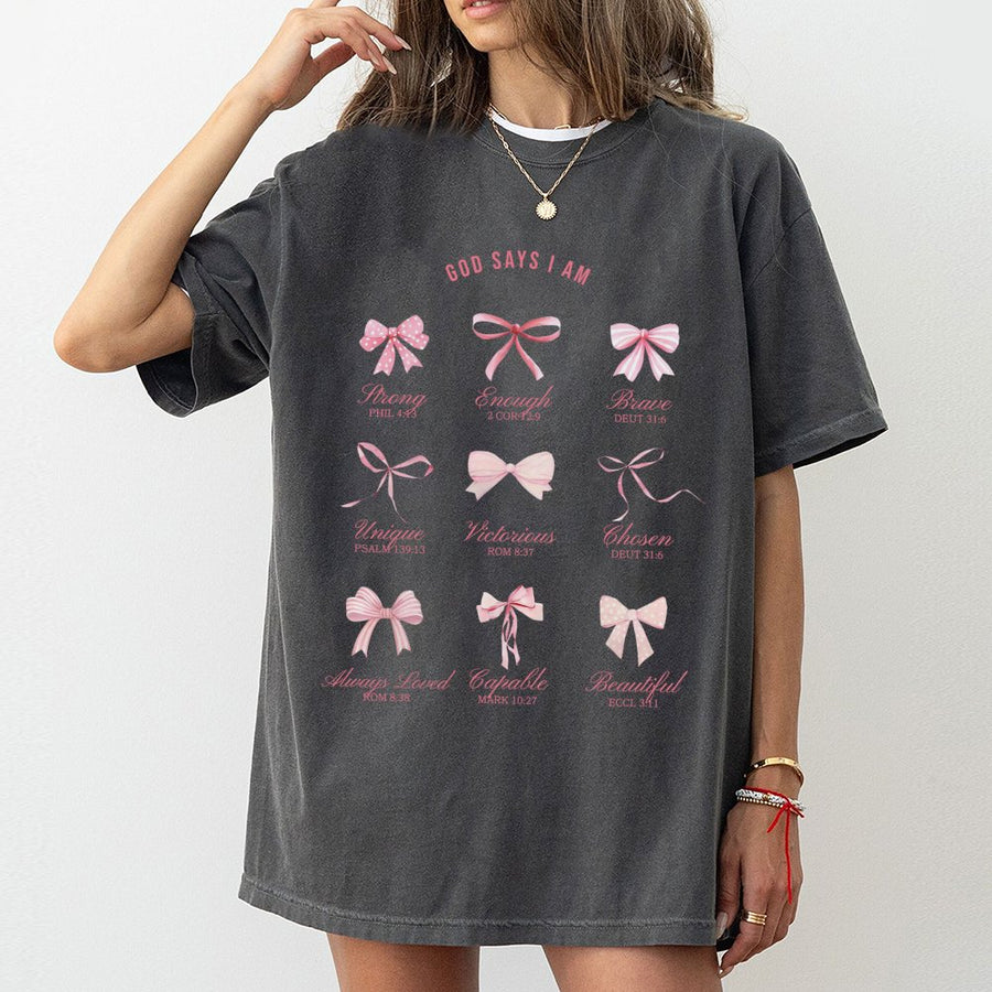 God Says I Am T-Shirt | Christian Coquette Bow Design | 100% Cotton Premium Tee | Faith-Based Religious Gift for Women & Girls