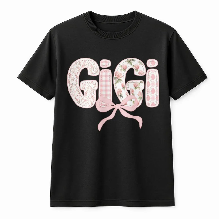 Gigi T-Shirt | Pink Floral Applique Style Letters | Soft Cotton Blend | Premium Mother's Day Gift for New Grandma