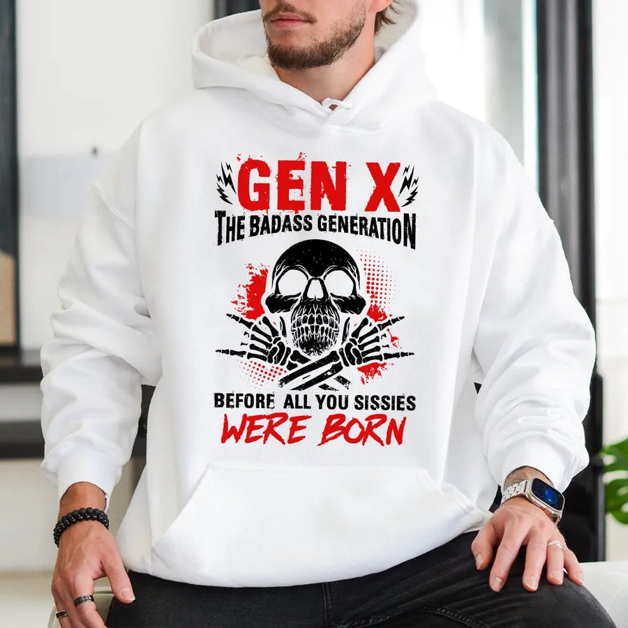 Gen X Hoodie | Funny Badass Generation Skull Graphic | Premium Cotton Blend Sweatshirt | Sarcastic Birthday Gift for Men & Women