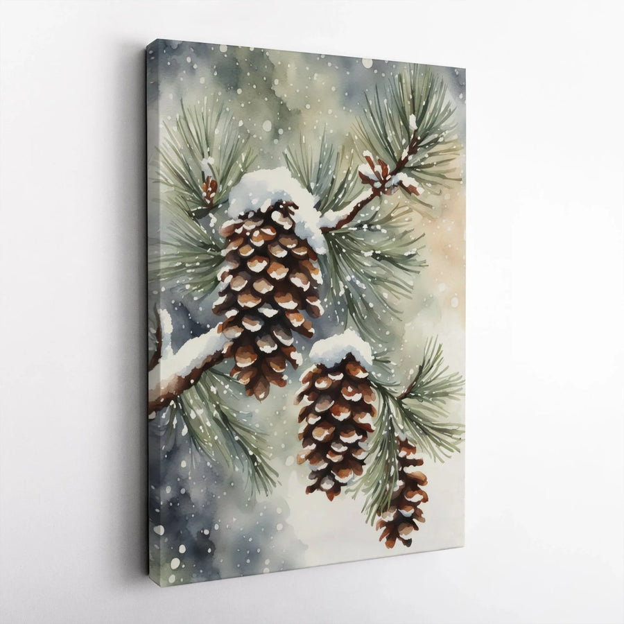 Snowy Pine Cones Canvas Wall Art | Watercolor Winter Botanical Decor | Premium Gallery Wrap | Cozy Holiday Home Gift