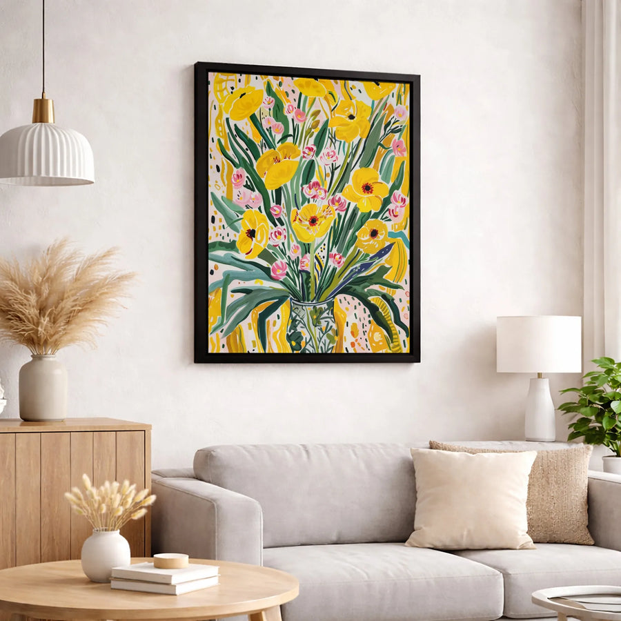 Yellow Floral Canvas Wall Art | Abstract Flower Bouquet Painting | Gallery Quality 1.25" Frame | Modern Home Decor Gift for Her