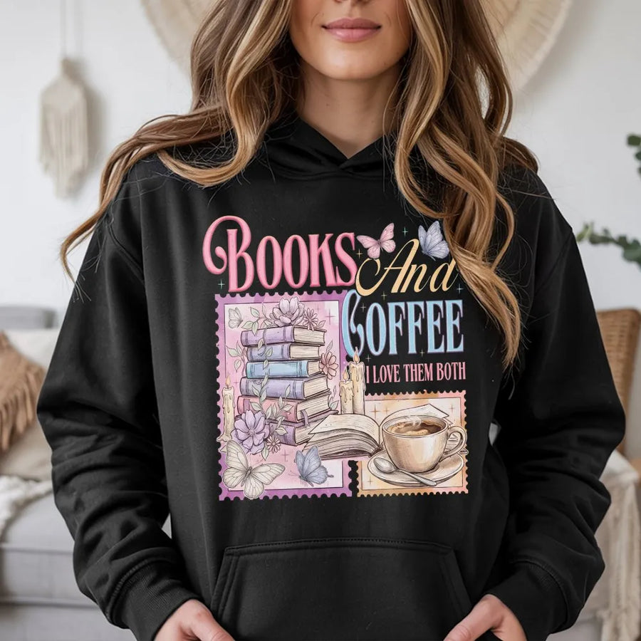 Books and Coffee Hoodie | Cozy Reader Bookish Aesthetic Graphic | Soft Unisex Crewneck | Gift for Book Lover and Librarian