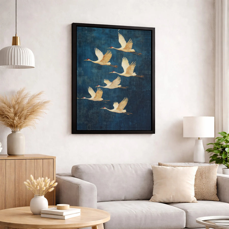 Japanese Red-Crowned Crane Canvas Art | Elegant Bird Flock Wall Decor | Premium 1.25" Gallery Wrap | Zen Nature Home & Office Interior