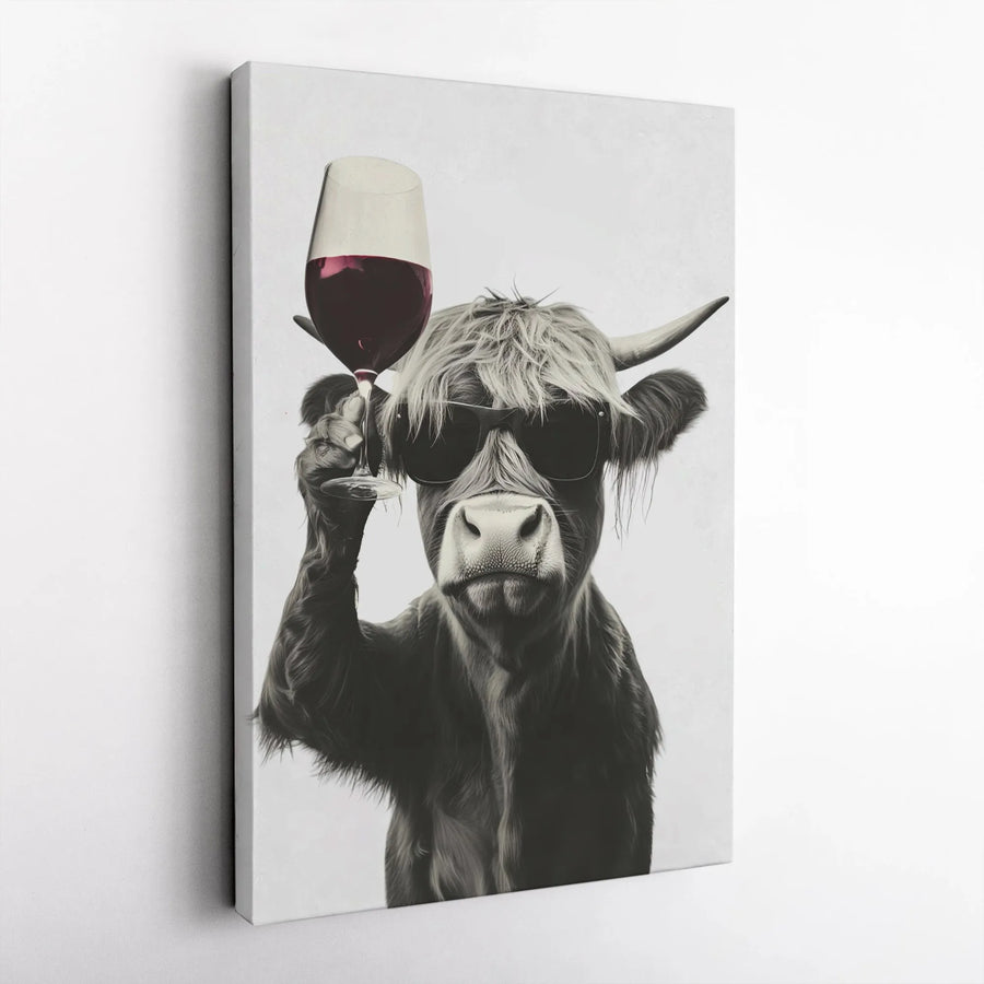 Highland Cow Canvas Wall Art | Funny Sunglasses Wine Drinking Print | Premium Gallery Wrap Decor | Farmhouse Kitchen Wall Decor Gift