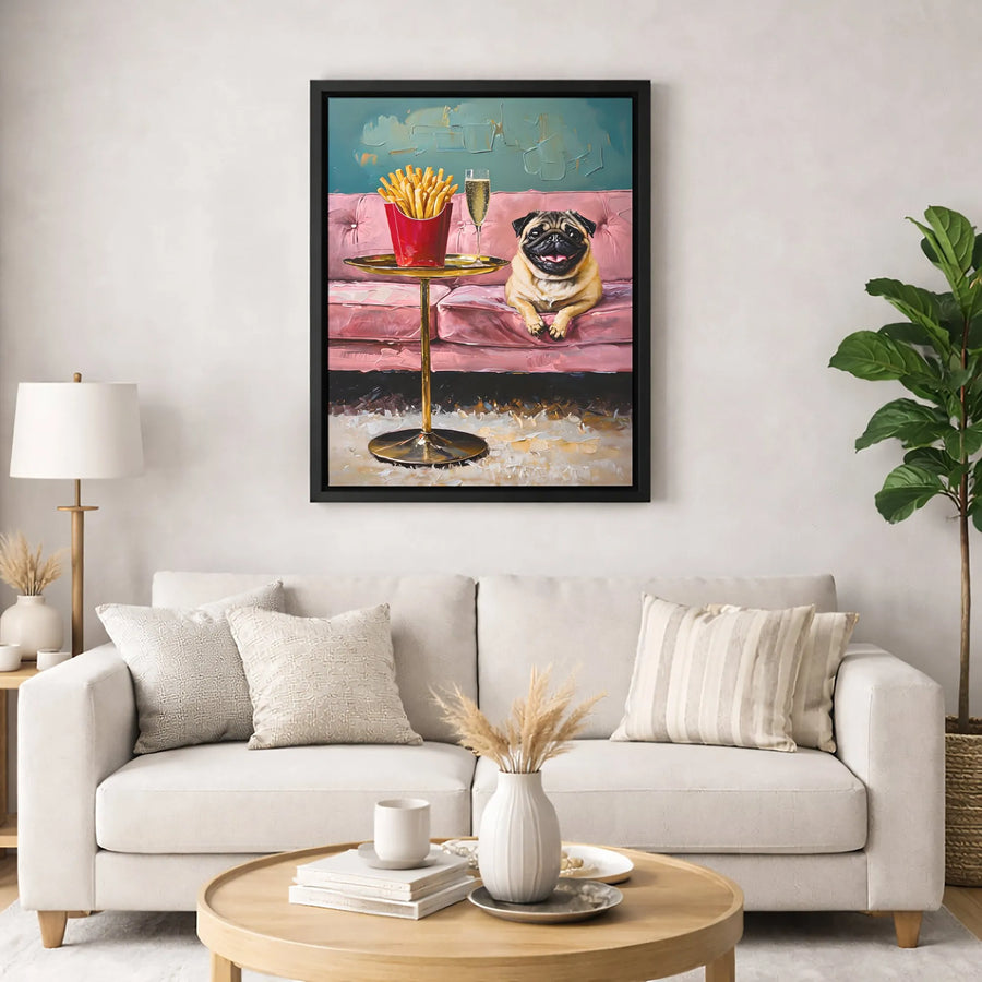 Pug Wall Art | Whimsical Dog Eating French Fries & Champagne Print | 1.25-Inch Gallery Wrapped Canvas | Funny Pet Home Decor Gift