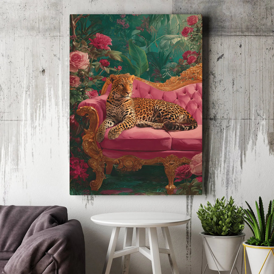 Leopard Canvas Wall Art | Ornate Pink Sofa Jungle Garden Print | Premium 1.25-inch Thick Gallery Wrap | Maximalist Home Decor Gift for Her