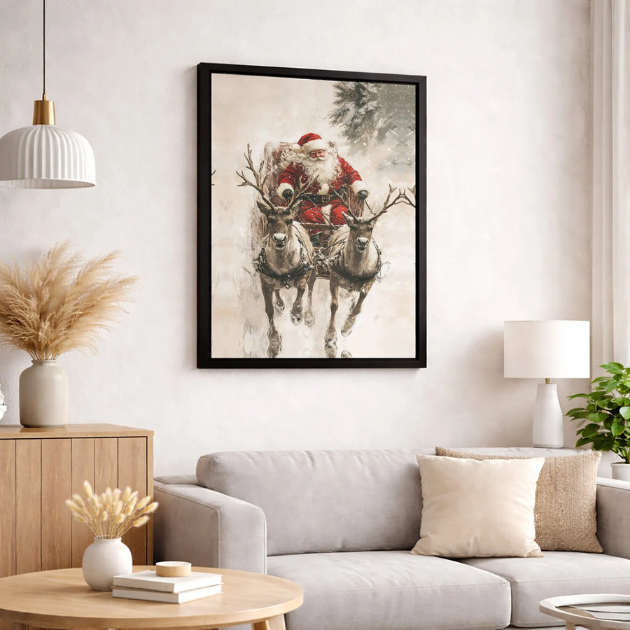Santa Claus Reindeer Sleigh Canvas Wall Art | Rustic Christmas Holiday Painting Print | 1.25-Inch Premium Gallery Wrap | Festive Home Decor Gift