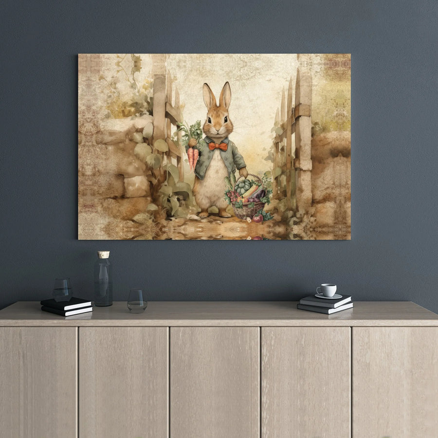 Vintage Bunny Canvas Wall Art | Whimsical Rabbit with Garden Basket Print | Premium Gallery Wrap Decor | Nursery & Cottagecore Home Gift