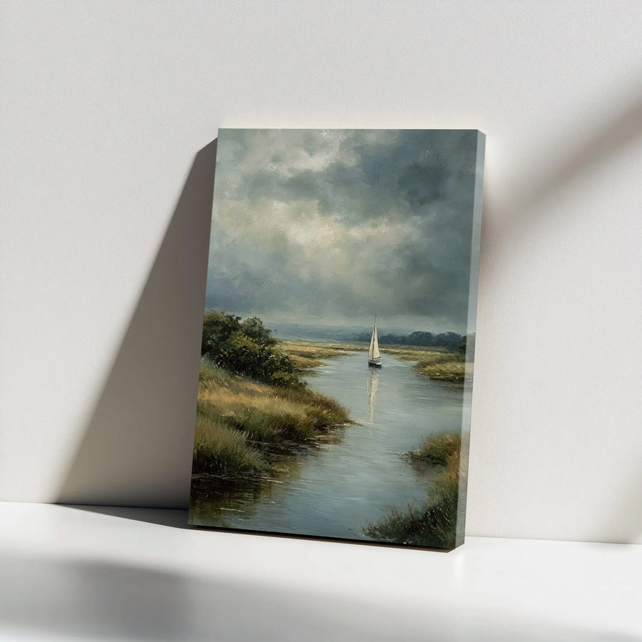 Sailboat Landscape Canvas Print | Moody Marsh River Painting | Premium Gallery Wrapped Wall Art | Coastal Decor Gift for Nautical Home Lovers