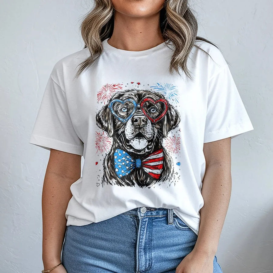 Patriotic Labrador T-Shirt | Dog with American Flag Glasses & Bow Tie | Premium Cotton Blend | 4th of July Gift for Dog Lovers
