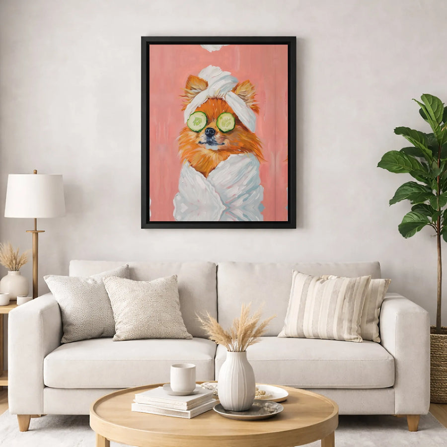 Pomeranian Dog Spa Wall Art | Funny Pet Portrait with Cucumber Slices | Gallery Quality 1.25 Inch Canvas | Whimsical Bathroom Decor Gift for Dog Lovers