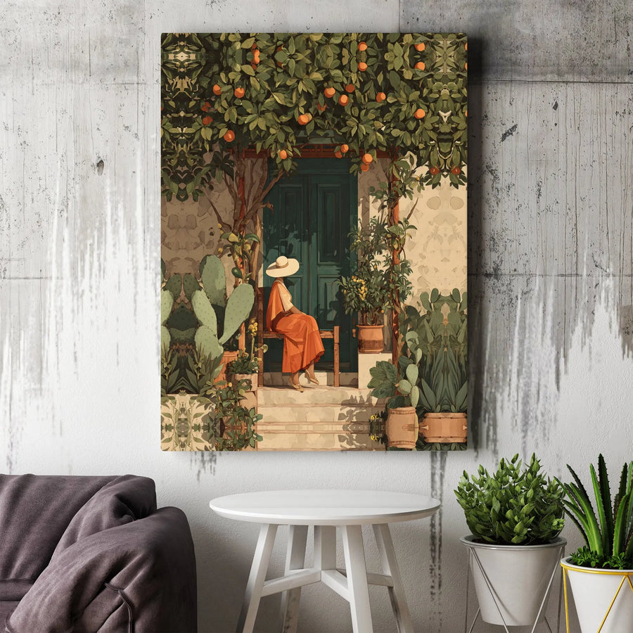 Italian Summer Canvas Print | Rustic Porch with Orange Grove Art | Premium Gallery Wrap | Boho Living Room Decor Gift